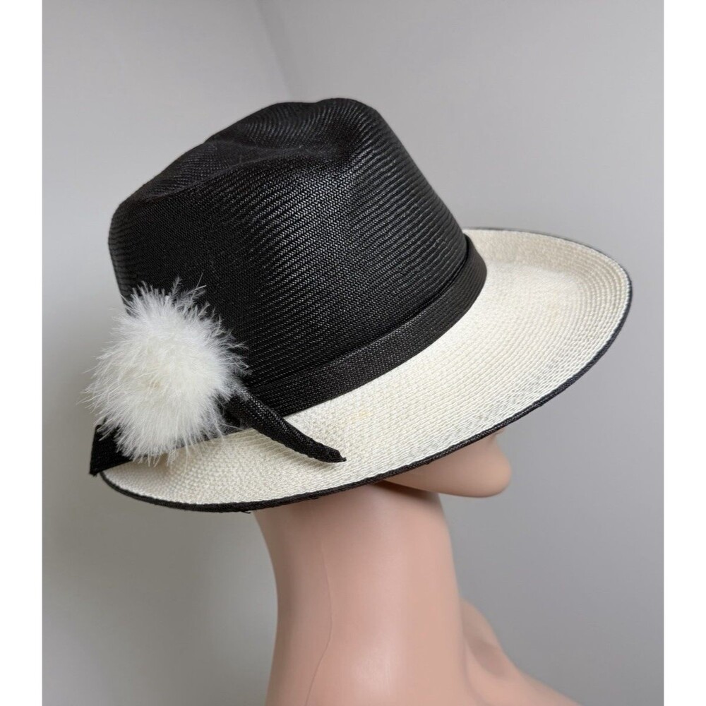 Vintage Mr John Classic Hat Black Ivory Straw Fedora delicate Pom Pom NY Paris - Picture 2 of 16